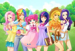  6+girls animification applejack_(mlp) bag blonde_hair blue_eyes commentary cowboy_hat cupcake denim denim_shorts dress drill_hair earrings elise_trinh english_commentary fluttershy_(mlp) food freckles green_eyes hair_ornament hairclip hat jewelry lasso long_hair low-tied_long_hair multicolored_hair multiple_girls my_little_pony my_little_pony:_friendship_is_magic party_hat personification pink_eyes pink_hair pinkie_pie_(mlp) purple_eyes purple_hair rainbow_dash_(mlp) rainbow_hair rarity_(my_little_pony) shorts shoulder_bag streaked_hair twilight_sparkle_(mlp) twin_drills twintails 