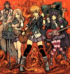  2boys 3girls anastasia_romanova_(drifters) animal_ears asymmetrical_footwear black_hair black_legwear blonde_hair boots brown_hair commentary_request drifters easy_(drifters) fire guitar headband hijikata_toshizou_(drifters) instrument jeanne_d&#039;arc_(drifters) long_hair microphone mismatched_footwear moto_murabito multiple_boys multiple_girls pantyhose pleated_skirt rasputin_(drifters) real_life school_uniform short_hair skirt socks striped_clothes striped_pantyhose sweater_vest the_black_king theremin thighhighs zettai_ryouiki 