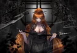  1girls big_breasts cleavage clothing female female_focus female_only freckles ginger ginger_hair hair_bun ishmael_(limbus_company) katana kimono limbus_company long_hair looking_at_viewer orange_hair project_moon standing tattoo tattoos very_long_hair yellow_eyes 