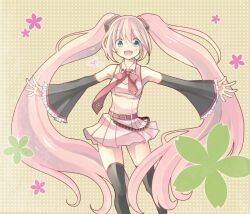  :d aqua_eyes bad_id bad_pixiv_id belt cherry_blossoms detached_sleeves female hatsune_miku kyabechi long_hair necktie open_mouth outstretched_arms pink_hair sakura_miku skirt smile solo thighhighs twintails vocaloid zettai_ryouiki 