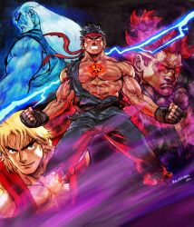  4boys abs akuma_(street_fighter) bald beads beard black_hair blonde_hair clenched_hands commentary dark-skinned_male dark_persona dark_skin dougi english_commentary evil_ryu facial_hair fingerless_gloves gloves glowing glowing_eyes gouken headband ken_masters lightning long_hair multiple_boys muscular no_pupils pectorals photoshop_(medium) prayer_beads red_eyes red_hair ryu_(street_fighter) scar short_hair steven_mack street_fighter street_fighter_iv_(series) thick_eyebrows topknot torn_clothes white_hair 