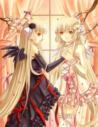  2girls bare_shoulders blonde_hair brown_eyes cherry_blossoms chii chobits commentary_request dress elbow_gloves elise_trinh flower freya_(chobits) frilled_dress frills gloves long_hair multiple_girls petals photoshop_(medium) very_long_hair window wings yellow_eyes 