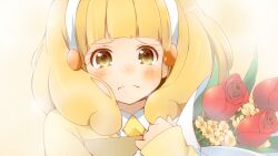  blonde_hair blush bouquet commentary_request eyelashes female flower frown hairband photoshop_(medium) portrait precure short_hair smile_precure solo tears tulip wara_(warapro) wavy_mouth white_hairband yayoi_kise yellow_eyes 