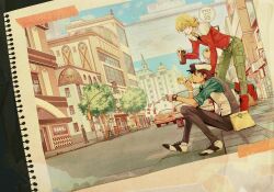  2boys bad_id bad_pixiv_id barnaby_brooks_jr. blonde_hair boots bracelet brown_eyes brown_hair cabbie_hat cityscape coffee eating facial_hair faux_traditional_media glasses green_eyes hat hot_dog jacket jewelry kaburagi_t._kotetsu mori-003 multiple_boys necktie red_jacket sitting stubble tiger_&amp;_bunny vest waistcoat watch wristwatch 