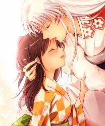  1boy age_difference brown_hair closed_eyes clothes_grab commentary_request facial_mark female fur grabbing_another&#039;s_hair highres inuyasha japanese_clothes kimono kin&#039;iro_nyanko lolicon pointy_ears rin_(inuyasha) sesshoumaru tongue touching white_background white_hair yukata 