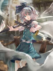  aituoku artistic_error black_hairband blue_eyes commentary_request dual_wielding female ghost hairband highres hitodama holding katana konpaku_youmu konpaku_youmu_(ghost) md5_mismatch photoshop_(medium) scabbard sheath short_hair solo sword touhou unsheathing weapon white_hair 