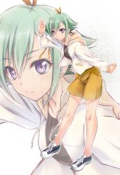  alternate_costume aquarion_(series) aquarion_evol ayano_naoto commentary_request female green_hair hair_ribbon highres hood hoodie leaning_forward no_socks painttool_sai_(medium) purple_eyes ribbon shoes short_hair shorts smile solo sweater waving zessica_wong zoom_layer 