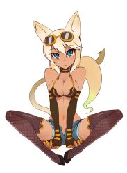  animal_ears bad_id bad_pixiv_id bare_shoulders blonde_hair blue_eyes blue_shorts breasts cat_ears cleavage dark-skinned_female dark_skin denim denim_shorts elbow_gloves eyewear_on_head female fishnet_thighhighs fishnets gloves kaiten_muten-maru kusanagi_tonbo long_hair looking_at_viewer medium_breasts navel oerba_yun_fang open_clothes open_shorts shamu_meruruusa shorts simple_background slit_pupils solo sunglasses tail thighhighs tsurime white_background yellow-framed_eyewear 