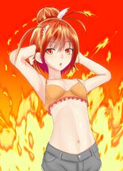  armpits arms_up commentary_request cure_sunny eyelashes female fiery_background fire flat_chest hair_bun hair_ornament hairpin hino_akane_(smile_precure!) midriff navel orange_background orange_theme precure red_eyes red_hair short_hair shorts single_hair_bun smile_precure solo sonyntendo 