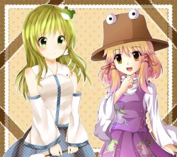  2girls blonde_hair blush blush_stickers breasts collaboration commentary_request detached_sleeves frog frog_hair_ornament gohei green_eyes green_hair hair_ornament hair_ribbon hair_tubes hat highres hori_daikon kochiya_sanae long_hair medium_breasts moriya_suwako multiple_girls open_mouth ribbon riino_(konamonndaisuki) short_hair skirt small_breasts smile snake touhou yellow_eyes 