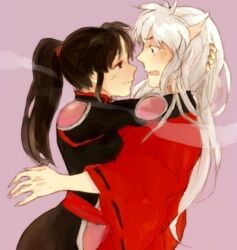  1boy animal_ears bad_id bad_pixiv_id claws dog_ears female hug inuyasha inuyasha_(character) japanese_clothes long_hair mi-kiku pink_background ponytail profile sango_(inuyasha) simple_background surprised 