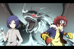  2boys bad_id bad_pixiv_id blue_eyes blue_hair brown_eyes brown_hair coat digimon digimon_(creature) digimon_adventure_02 digivice fur_coat gloves glowing glowing_eyes goggles horns ichijouji_ken imperialdramon imperialdramon_dragon_mode lemon_(wzcrybmi) letterboxed long_sleeves male_focus monster motomiya_daisuke multiple_boys red_eyes sharp_teeth smile teeth white_hair wings 