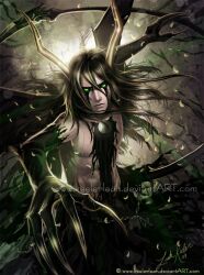  1boy 2009 arrancar artist_name bat_wings black_hair black_sclera bleach claws espada expressionless facial_mark fur green_eyes hair_between_eyes horns leah_keeler long_hair male male_focus resurreccion resurreccion:_segunda_etapa shirtless signature slit_pupils solo ulquiorra_cifer watermark web_address wings 