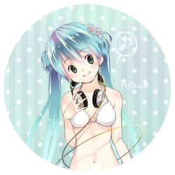  aqua_eyes aqua_hair bikini bikini_top_only character_name commentary eighth_note female flower hair_flower hair_ornament hatsune_miku head_tilt headphones headphones_around_neck kashiwagi_sumika long_hair musical_note smile solo speech_bubble spoken_musical_note swimsuit symbol-only_commentary twintails vocaloid white_bikini 