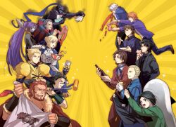  2girls 6+boys alcohol armor artoria_pendragon_(fate) assassin_(fate/zero) berserker_(fate/zero) blood bottle bowl broom burger censored chopsticks commentary_request cup dark-skinned_female dark-skinned_male dark_skin diarmuid_ua_duibhne_(lancer)_(fate) emiya_kiritsugu everyone fake_censor fate/zero fate_(series) female_assassin_(fate/zero) food fruit gilgamesh_(fate) gilles_de_rais_(caster)_(fate) heart intestines iskandar_(fate) kayneth_el-melloi_archibald kfc kotomine_kirei lemon mapo_tofu matou_kariya mercury_(element) mop multiple_boys multiple_girls opposing_sides paint_roller pants photoshop_(medium) pinki_(shounenkakuseiya) polearm saber_(fate) shirt shorts shrimp sparkle spear t-shirt tissue tohsaka_tokiomi uryuu_ryuunosuke volumen_hydragyrum_(fate) waver_velvet weapon wine 