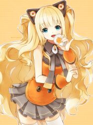  animal_ears bare_shoulders blonde_hair blue_eyes cat_ears commentary_request female long_hair open_mouth seeu senri_(nazerine) skirt smile solo string_phone thighhighs very_long_hair vocaloid white_thighhighs zettai_ryouiki 