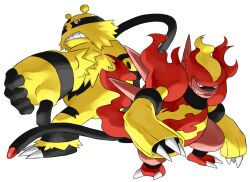  claws dragon electivire good_frog magmortar nintendo no_humans pokemon red_eyes simple_background smile tail teeth thumbs_down 