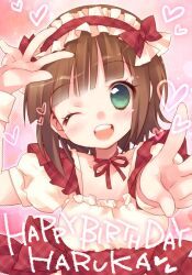  amami_haruka bad_id bad_pixiv_id blush brown_hair ech female green_eyes hair_ribbon idolmaster idolmaster_(classic) maid maid_headdress one_eye_closed open_mouth pointing ribbon short_hair smile solo v 