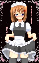  alternate_costume apron blue_eyes blush brown_hair bug butterfly clothes_lift commentary_request dress dress_lift enmaided female flower hair_ornament highres lask lyrical_nanoha mahou_shoujo_lyrical_nanoha_strikers maid maid_headdress solo thighhighs translation_request yagami_hayate 