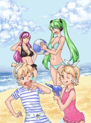  1boy 3girls 66head :q ball beach beachball bikini blonde_hair breasts cloud cloudy_sky commentary_request day green_hair hair_ribbon hatsune_miku headphones highres kagamine_len kagamine_rin large_breasts lolicon long_hair megurine_luka multiple_girls ocean outdoors photoshop_(medium) pink_hair ribbon short_hair sky striped_bikini striped_clothes swimsuit tongue tongue_out twintails vocaloid water_gun wince 