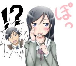  !? 1boy aragaki_ayase black_hair blue_eyes commentary_request cuffs female handcuffs kousaka_kyousuke ore_no_imouto_ga_konna_ni_kawaii_wake_ga_nai roaru_(gyuren) school_uniform surprised 