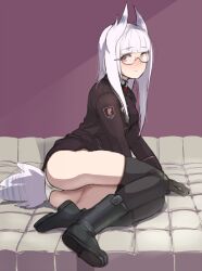  bad_id bad_pixiv_id bird_girl bird_tail black_thighhighs boots female glasses head_wings heidimarie_w._schnaufer kirusu long_hair military military_uniform panties red_eyes smile solo strike_witches tail thighhighs underwear uniform white_hair white_panties wings world_witches_series 