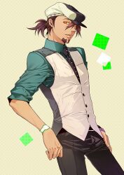  1boy alternate_hairstyle bad_id bad_pixiv_id bracelet brown_eyes brown_hair cabbie_hat facial_hair hat jewelry kaburagi_t._kotetsu male_focus mori-003 necktie ponytail short_ponytail stubble tiger_&amp;_bunny vest waistcoat watch wristwatch 