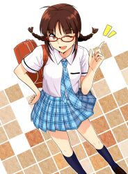  ;d akizuki_ritsuko bag black_socks braid brown_eyes brown_hair commentary_request female glasses hand_on_own_hip idolmaster idolmaster_(classic) kneehighs necktie one_eye_closed open_mouth plaid plaid_skirt pointing rough_time_school_(idolmaster) school_bag school_uniform skirt smile socks solo standing tsurui twin_braids 