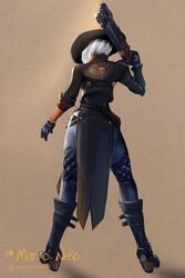  1girls 2d ashe_(overwatch) back blizzard_entertainment clothed female gun leather_clothing leather_jacket marikoneko marikoneko0 overwatch overwatch_2 rifle simple_background solo_female standing weapon 