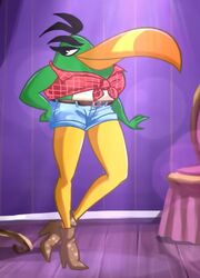  agri_birds angry_birds anthro avian bird boots bottomwear clothing female footwear fur green_body green_fur hal_(angry_birds) long_beak rovio_entertainment sasha_(angry_birds) screencap sega shirt shorts solo topwear unknown_artist 