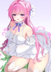  bare_shoulders bluekalmia blush breasts closed_mouth detached_sleeves dorothy_(nikke) dress female frilled_dress frills goddess_of_victory:_nikke hair_bun highres large_breasts long_hair open_mouth pink_hair purple_eyes ribbon single_side_bun skirt solo thighhighs thighs very_long_hair 