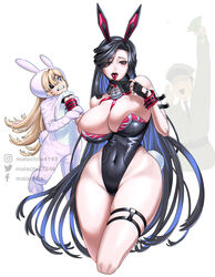  1boy 2girls absurdres animal_costume animal_ears belt black_gloves black_hair black_leotard blonde_hair blush breasts chest_belt cleavage commander_(nikke) extrinsic_(nikke) fake_animal_ears fingerless_gloves gloves goddess_of_victory:_nikke guillotine_(nikke) hair_ornament highres large_breasts leotard lifting_person lock long_hair looking_at_viewer maiden_(nikke) malachite_27346 mask mask_pull mouth_mask multiple_girls padlock padlocked_collar parted_bangs parted_lips playboy_bunny rabbit_costume rabbit_ears saliva sidelocks simple_background standing strapless strapless_leotard teeth tongue tongue_out upper_teeth_only white_background 