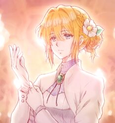  adjusting_clothes adjusting_gloves blonde_hair blue_eyes bluez braid brooch camellia commentary female flower french_braid gem gloves green_gemstone hair_between_eyes hair_flower hair_intakes hair_ornament hands_up jacket jewelry looking_at_viewer short_hair sidelocks solo violet_evergarden violet_evergarden_(series) white_flower white_gloves white_jacket 