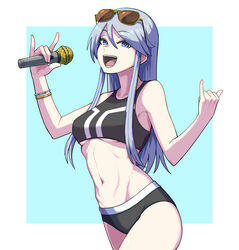  bare_shoulders blue_eyes blue_hair blush bracelet breasts cleavage collarbone commentary cowboy_shot eyewear_on_head female flint_(girls_und_panzer) girls_und_panzer highres holding holding_microphone jewelry long_hair looking_at_viewer medium_breasts microphone midriff navel open_mouth protected_link sleeveless solo stomach sunglasses swimsuit teeth tongue underboob yougata 