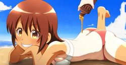  ass awa barefoot beach breasts brown_hair cloud disembodied_hand female looking_at_viewer lying ocean odagiri_futaba oil on_stomach outdoors sand sansha_san&#039;you short_hair smile swimsuit tan tanlines the_pose yellow_eyes 