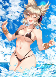  ;d air_bubble bare_arms bare_shoulders bikini black_bikini blue_sky bracelet breasts bubble cloud commentary_request day female hair_between_eyes headphones jewelry kurokan_(kokkyou_oudan) lens_flare light_brown_hair looking_at_viewer medium_breasts medium_hair navel one_eye_closed open_mouth outdoors pointy_hair sky smile solo standing stomach summer swimsuit touhou toyosatomimi_no_miko water yellow_eyes 