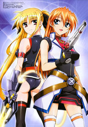  2girls absurdres ass bardiche_(nanoha) bardiche_(riot_zanber_stinger)_(nanoha) black_legwear black_leotard blonde_hair blue_eyes blush breasts cross_mirage fate_testarossa fate_testarossa_(true_sonic_form) gun hair_ornament hair_ribbon highres large_breasts leotard long_hair looking_at_another looking_back lyrical_nanoha mahou_shoujo_lyrical_nanoha_strikers medium_breasts megami_magazine multiple_girls official_art okuda_yasuhiro open_mouth orange_hair parted_lips red_eyes ribbon smile sword teana_lanster thighhighs twintails weapon white_legwear 