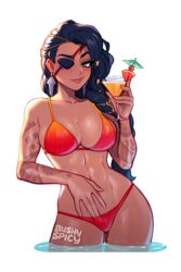  abs alternate_costume arm_tattoo artist_name bikini black_hair blushyspicy braid breasts earrings eyepatch female holding jewelry large_breasts league_of_legends long_hair mole mole_above_mouth outline samira smile solo swimsuit tattoo transparent_background water white_outline 