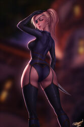  ass black_gloves black_thighhighs blonde_hair blurry blurry_background commentary contrapposto dagger depth_of_field english_commentary female freckles from_behind garter_straps gloves highres holding holding_dagger holding_knife holding_weapon human_(warcraft) knife leotard looking_at_viewer looking_back mole mole_on_neck personal_ami ponytail red_eyes signature smile solo standing thighhighs warcraft weapon world_of_warcraft 