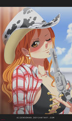  ;) artist_request blush breasts check_source cleavage cow_girl cowboy_hat cowgirl_(western) female from_side hat highres large_breasts looking_at_viewer nami_(one_piece) non-web_source one_eye_closed one_piece smile solo source_request watermark web_address 