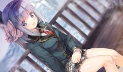  blush bow emily game_cg gray_hair maisaka_mai marmalade purple_eyes school_uniform short_hair skirt study_&sect;_steady tie 