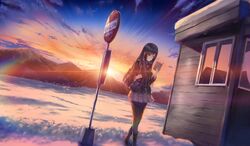  black_hair book boots clouds emily game_cg long_hair marmalade omaezaki_yuu panties pantyhose red_eyes scenic school_uniform skirt sky snow study_&sect;_steady sunset tie underwear 