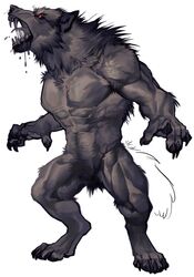  anthro black_body black_fur bodily_fluids canid canine canis claws digitigrade drooling fluffy fur hi_res male mammal muscular muscular_male mythological_canine mythological_creature mythology neck_tuft nmvsolidus open_mouth paws red_eyes saliva simple_background solo teeth tuft unfinished were werecanid werecanine werewolf wolf 