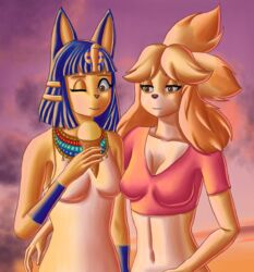  2021 absurd_res animal_crossing ankha_(animal_crossing) anthro blue_body blue_fur blue_hair breasts brown_eyes canid canine canis clothing demongirl_demoness dessert digital_drawing_(artwork) digital_media_(artwork) domestic_cat domestic_dog dress duo egyptian egyptian_headdress felid feline felis female floppy_ears food fur hair half-closed_eyes half-length_portrait headdress hi_res holding_food holding_object ice_cream isabelle_(animal_crossing) mammal multicolored_body multicolored_fur narrowed_eyes navel nintendo one_eye_closed orange_body orange_fur pink_clothing portrait shih_tzu shirt simple_background smile topwear toy_dog white_body white_clothing white_fur yellow_body yellow_fur 