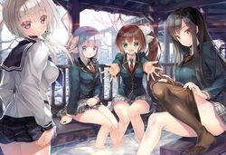  4girls adjusting_skirt black_hair blazer bow brown_hair game_cg green_eyes grey_eyes grey_hair hair_ornament hairbow hairclip highres jacket kakegawa_hazuki kiba_satoshi kinomiya_nanoka long_hair long_sleeves looking_at_viewer maisaka_mai multiple_girls necktie official_art omaezaki_yuu open_hands open_mouth outstretched_arms pantyhose plaid plaid_neckwear plaid_skirt pleated_skirt purple_eyes red_eyes red_necktie removing_legwear school_uniform short_hair side_ponytail sitting skirt smile soaking_feet standing study_steady wading water white_hair 