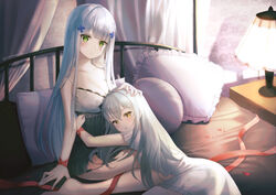  2girls anthro bed dress g11_(girls_frontline) girls_frontline gray_hair green_eyes hk416_(girls_frontline) hug long_hair sarablanche shoujo_ai signed white_hair yellow_eyes 