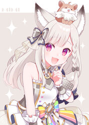  :d animal animal_ear_fluff animal_ears animare bow braid commentary_request dress fangs female finger_to_face fox hair_ornament hairbow highres kusumoto_shizuru long_hair nanashi_inc. open_mouth purple_eyes shiromiya_mimi sleeveless sleeveless_dress smile virtual_youtuber white_hair wrist_cuffs 