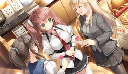  blonde_hair blue_eyes blush breasts brown_hair food game_cg green_eyes kiba_satoshi kinomiya_nanoka long_hair marmalade pantyhose ponytail red_eyes school_uniform skirt study_&sect;_steady tagme_(character) thighhighs tie 