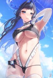  adapted_costume alarm_clock alternate_costume analog_clock arm_behind_back arm_behind_head armpits ass_visible_through_thighs black_bow black_hair black_one-piece_swimsuit black_ribbon blue_eyes blue_hair blue_halo blue_sky blunt_bangs blush bow breasts casual_one-piece_swimsuit choker clenched_hand clock closed_mouth cloud colored_inner_hair commentary cowboy_shot day elbow_gloves female floating_hair frilled_choker frilled_one-piece_swimsuit frills from_below gloves groin hair_intakes halo highleg highleg_swimsuit highres hime_cut hip_bones hololive hololive_english large_breasts lens_flare long_hair looking_at_viewer maid maid_one-piece_swimsuit mechanical_halo mixed-language_commentary multicolored_hair navel neck_ribbon necktie one-piece_swimsuit ouro_kronii ouro_kronii_(1st_costume) outdoors padoruu paid_reward_available partially_visible_vulva ribbon ribbon-trimmed_gloves ribbon_trim short_necktie signature skindentation sky smile solo standing stomach striped_clothes striped_one-piece_swimsuit sweat swimsuit thighhighs thighs two-tone_hair unconventional_maid underboob vertical_stripes virtual_youtuber white_choker white_gloves white_necktie white_thighhighs 