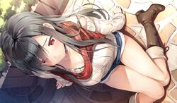  black_hair blush boots breasts choker cleavage emily game_cg long_hair marmalade omaezaki_yuu red_eyes scarf shorts study_&sect;_steady 